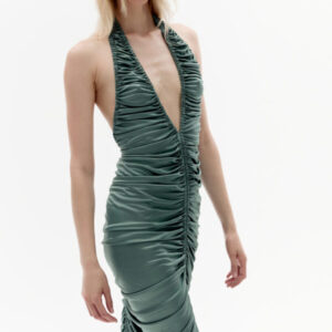 Stark gerafftes, asymmetrisches Midi-Kleid