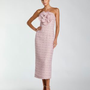 Rosa trägerloses Bouclé-Midikleid mit 3D-Blume