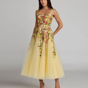 Gelbes besticktes Tüll-A-Linien-Midikleid