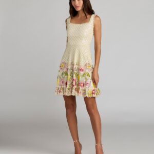 Mini-Kleid mit Pailletten in Elfenbein-Multi, Blumenmuster und quadratischem Ausschnitt