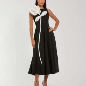 Schwarzes Crêpe A-Linien Midikleid mit 3D-Blume