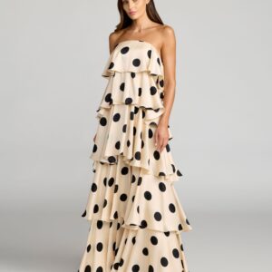 Beige trägerloses gepunktetes Charmeuse-Kleid mit Rüschen