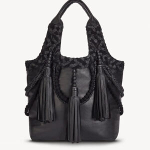 Schwarze Schultertasche aus Wildleder mit Fransen im Bohemian-Stil