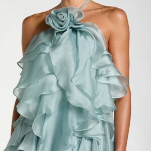 Blaues Organza-Neckholderkleid mit offenem Rücken und Rüschen