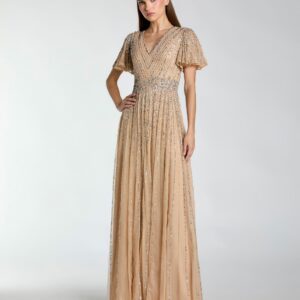 Beigefarbenes Paillettenkleid mit V-Ausschnitt und flatternden Ärmeln