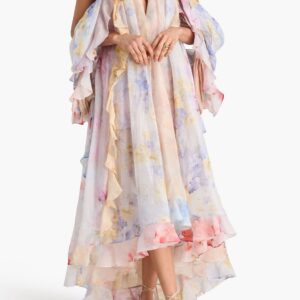 ZIMMERMANN Maxikleid aus Leinen-Seiden-Mischgewebe mit Blumenmuster und Cut-Out-Schultern